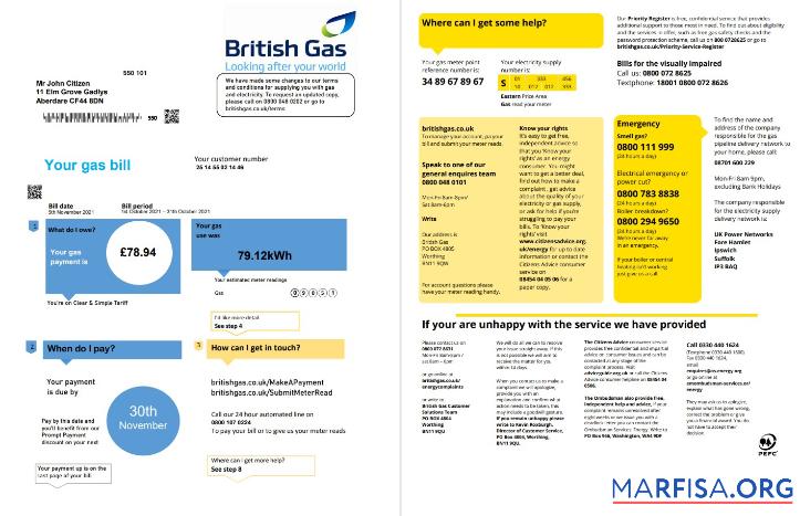 Printable United Kingdom British Gas utility bill template in Word and PDF format fully editable (2 pages) version 1